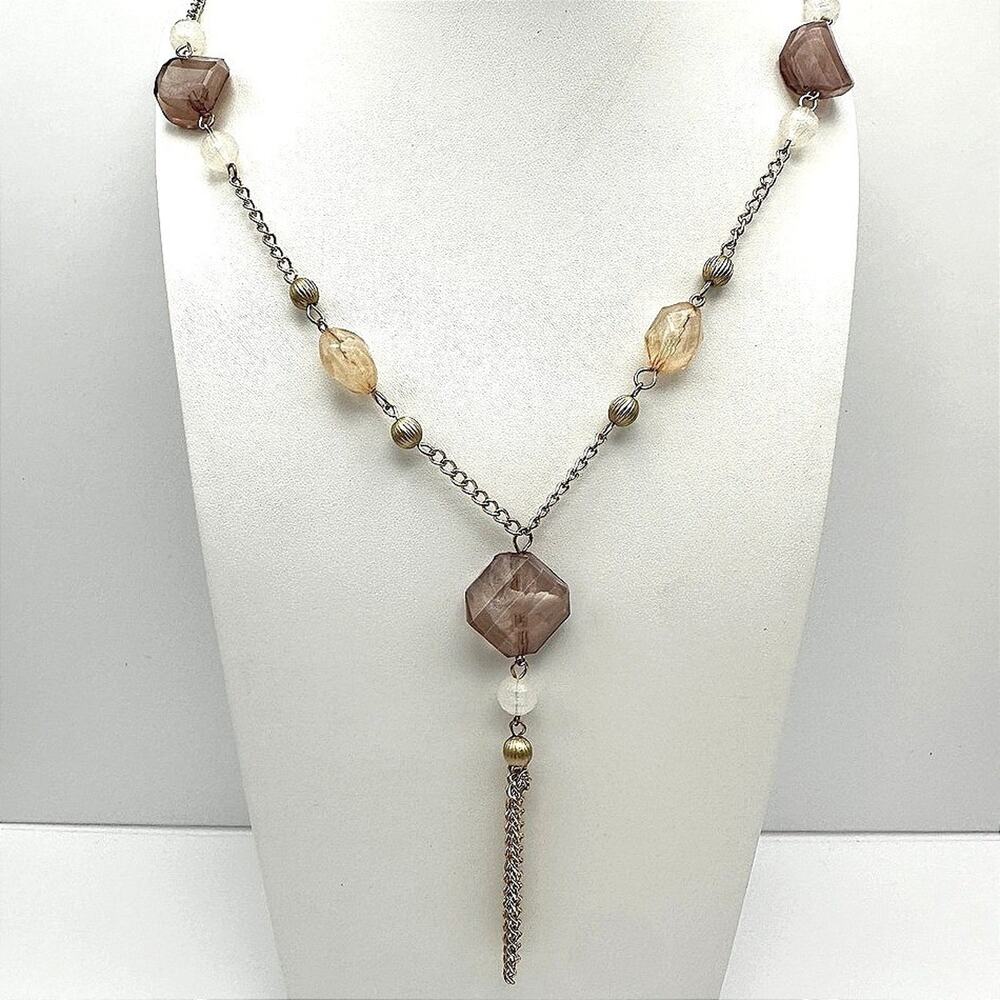 Vintage Y2K Gold Tone Long Tassel Necklace Smoky Amber Glass Bead Boho Jewelry